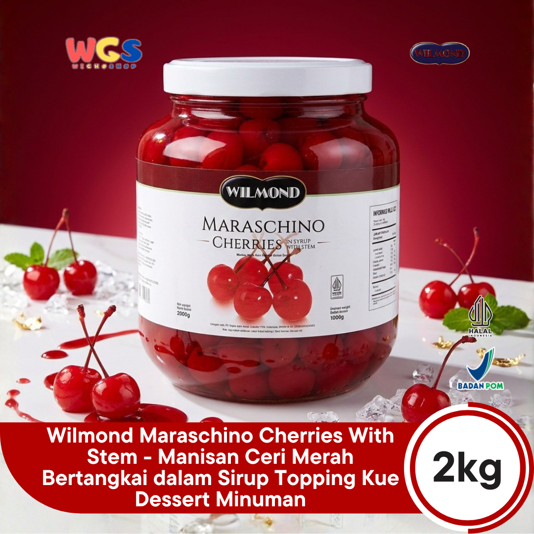 WILMOND Maraschino Cherries with Stem 2kg – Red Cherries with Stems for Drink &amp; Dessert Topping 