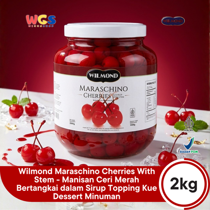 WILMOND Maraschino Cherries with Stem 2kg – Red Cherries with Stems for Drink &amp; Dessert Topping 
