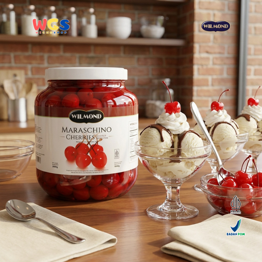Wilmond Maraschino Cherries with Stem 2kg - Manisan Ceri Merah Bertangkai Sirup Topping Kue Dessert Minuman