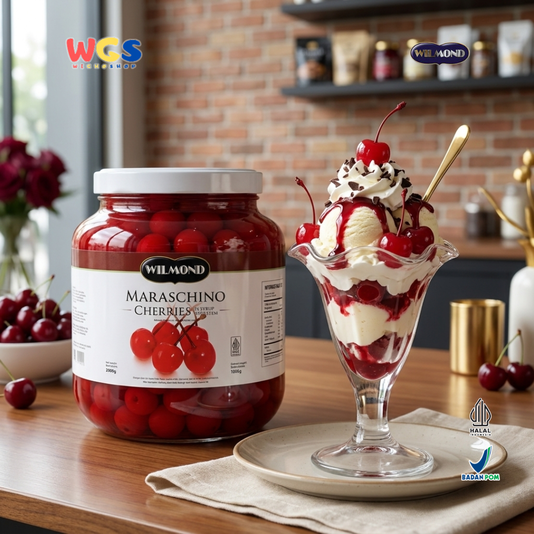 WILMOND Maraschino Cherries with Stem 2kg – Red Cherries with Stems for Drink &amp; Dessert Topping 