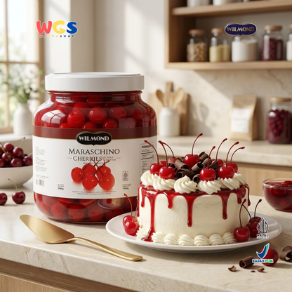 WILMOND Maraschino Cherries with Stem 2kg – Red Cherries with Stems for Drink &amp; Dessert Topping 