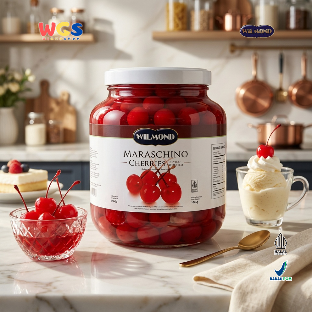 WILMOND Maraschino Cherries with Stem 2kg – Red Cherries with Stems for Drink &amp; Dessert Topping 