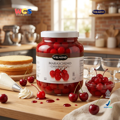 WILMOND Maraschino Cherries with Stem 2kg – Red Cherries with Stems for Drink &amp; Dessert Topping 