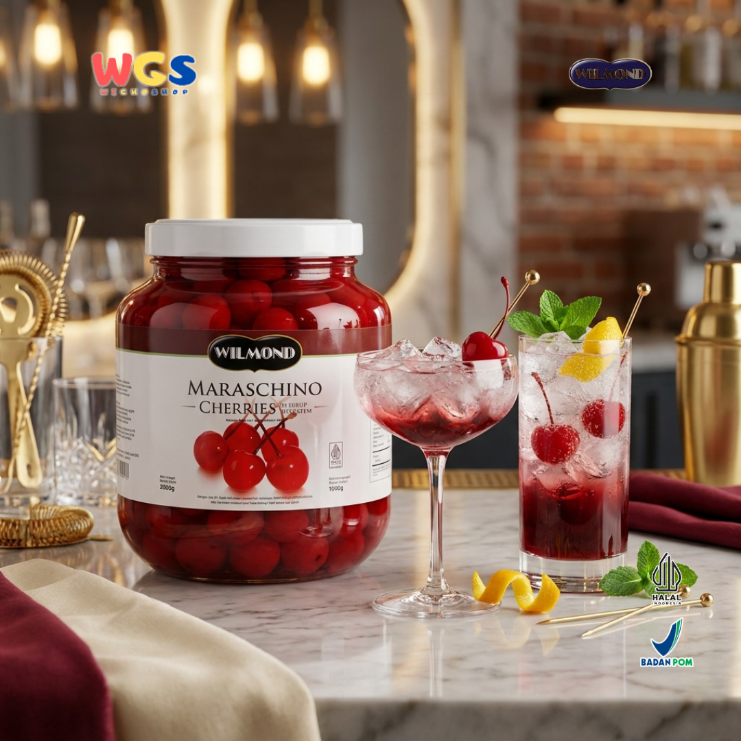 WILMOND Maraschino Cherries with Stem 2kg – Red Cherries with Stems for Drink &amp; Dessert Topping 