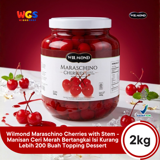 Wilmond Maraschino Cherries with Stem 2kg - Manisan Ceri Merah Bertangkai Isi Kurang Lebih 200 Buah Topping Dessert