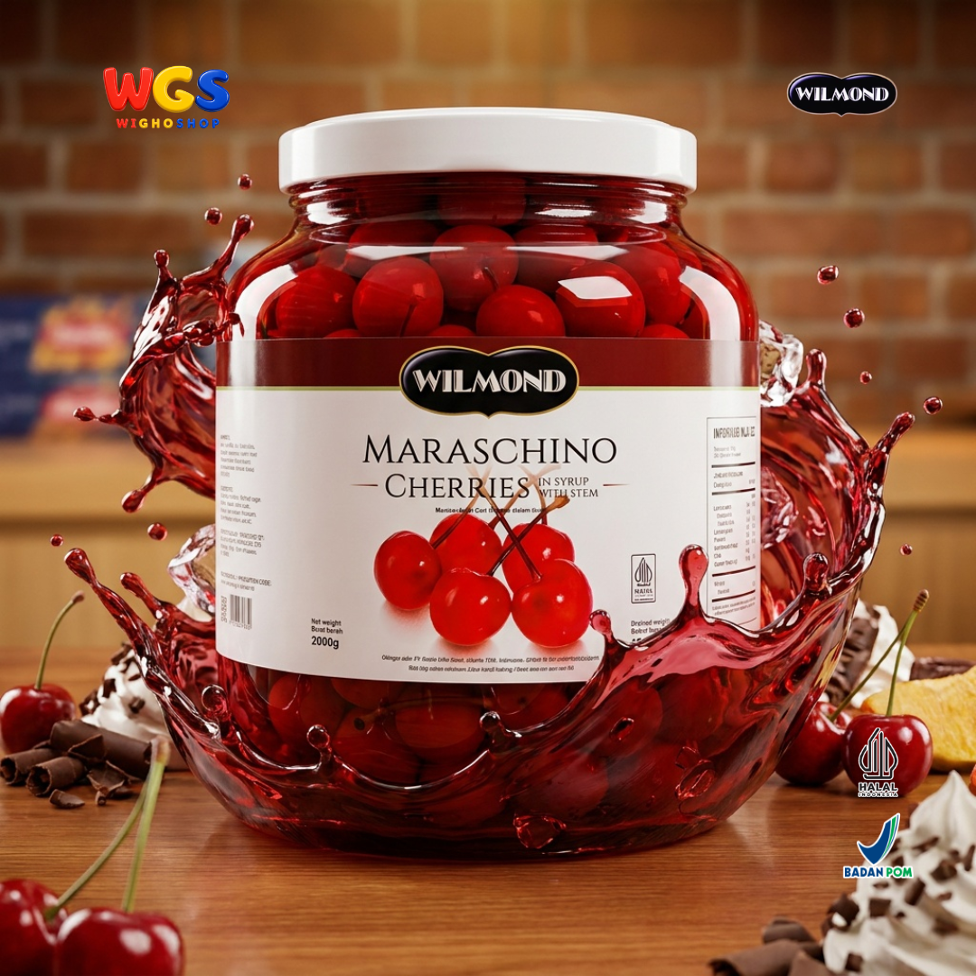 WILMOND Maraschino Cherries with Stem 2kg – Red Cherries with Stems for Drink &amp; Dessert Topping 