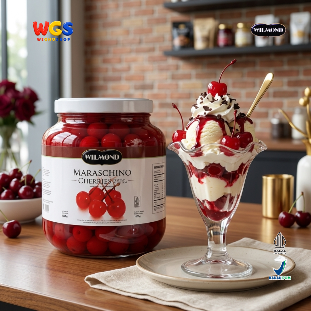 WILMOND Maraschino Cherries with Stem 2kg – Red Cherries with Stems for Drink &amp; Dessert Topping 