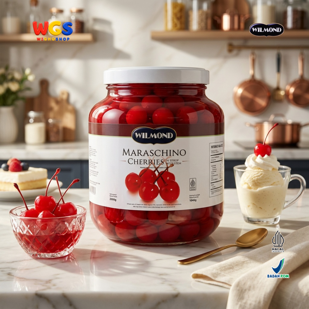 WILMOND Maraschino Cherries with Stem 2kg – Red Cherries with Stems for Drink &amp; Dessert Topping 
