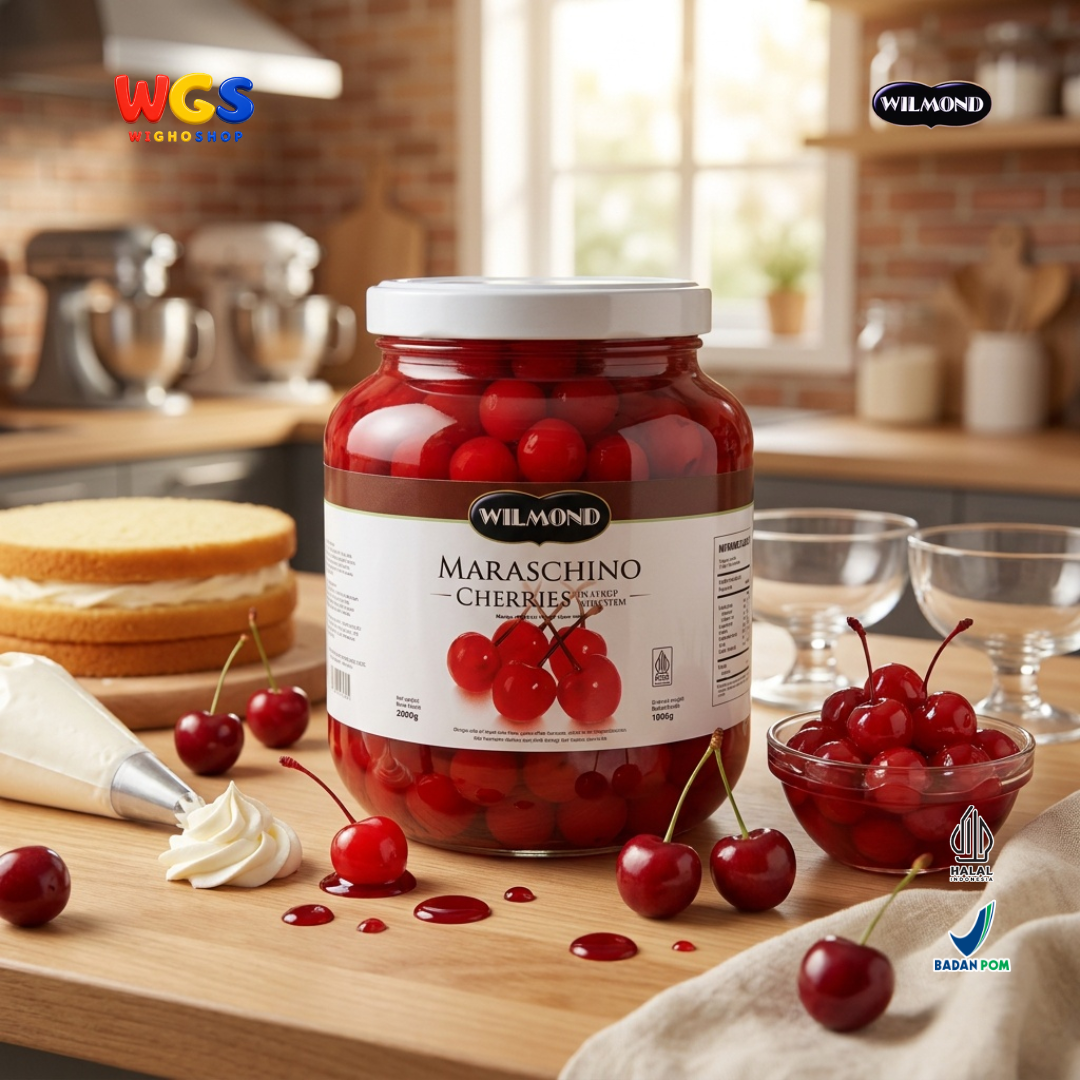 WILMOND Maraschino Cherries with Stem 2kg – Red Cherries with Stems for Drink &amp; Dessert Topping 