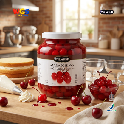 WILMOND Maraschino Cherries with Stem 2kg – Red Cherries with Stems for Drink &amp; Dessert Topping 