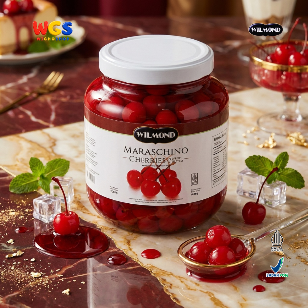 WILMOND Maraschino Cherries with Stem 2kg – Red Cherries with Stems for Drink &amp; Dessert Topping 
