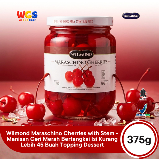 Wilmond Maraschino Cherries with Stem 375g - Manisan Ceri Merah Bertangkai Isi Kurang Lebih 45 Buah Topping Dessert