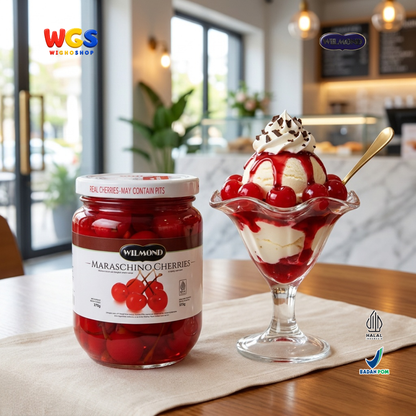 Wilmond Maraschino Cherries with Stem 375g - Manisan Ceri Merah Bertangkai Isi Kurang Lebih 45 Buah Topping Dessert
