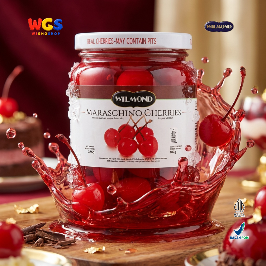 Wilmond Maraschino Cherries with Stem 375g - Manisan Ceri Merah Bertangkai Isi Kurang Lebih 45 Buah Topping Dessert