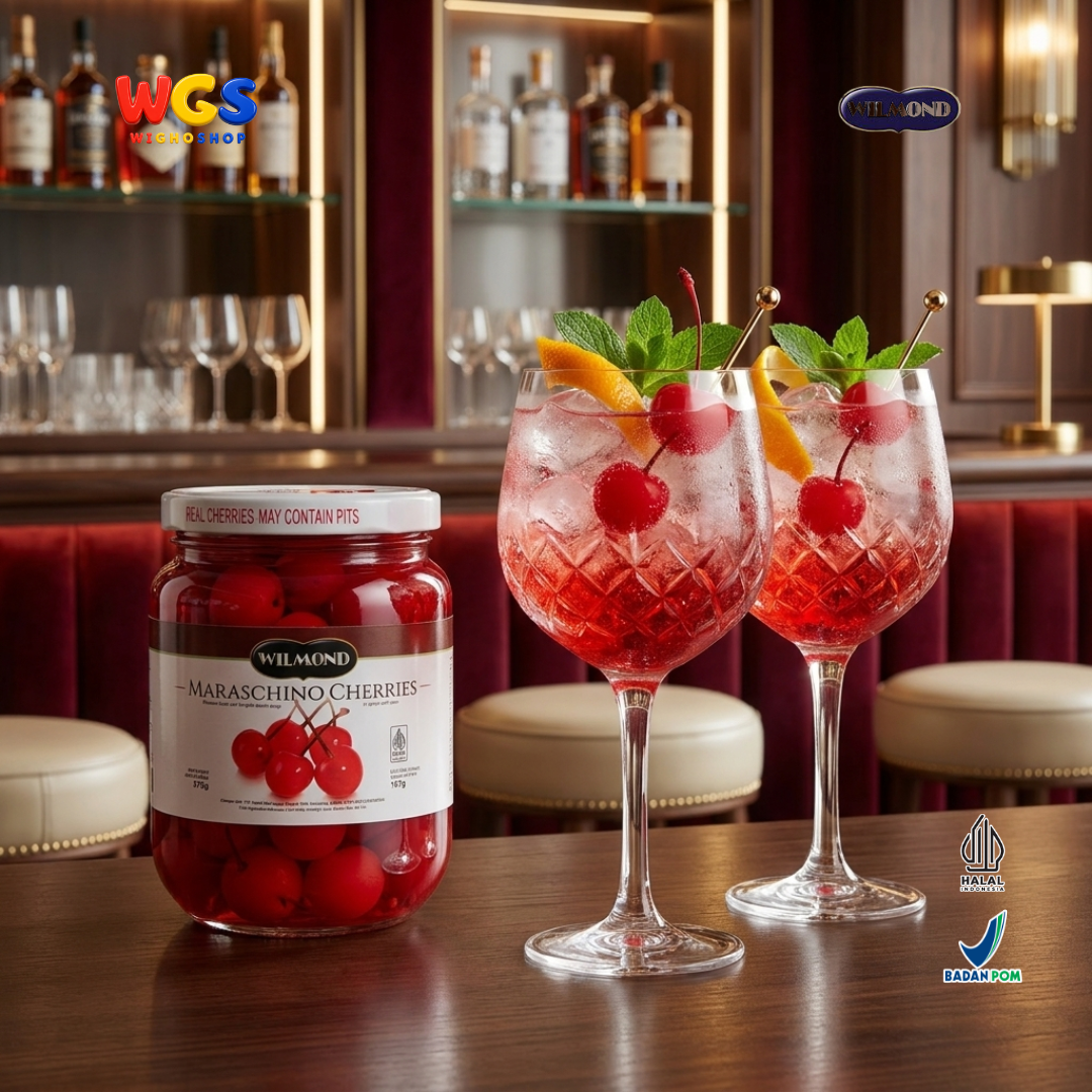 Wilmond Maraschino Cherries with Stem 375g - Manisan Ceri Merah Bertangkai Isi Kurang Lebih 45 Buah Topping Dessert