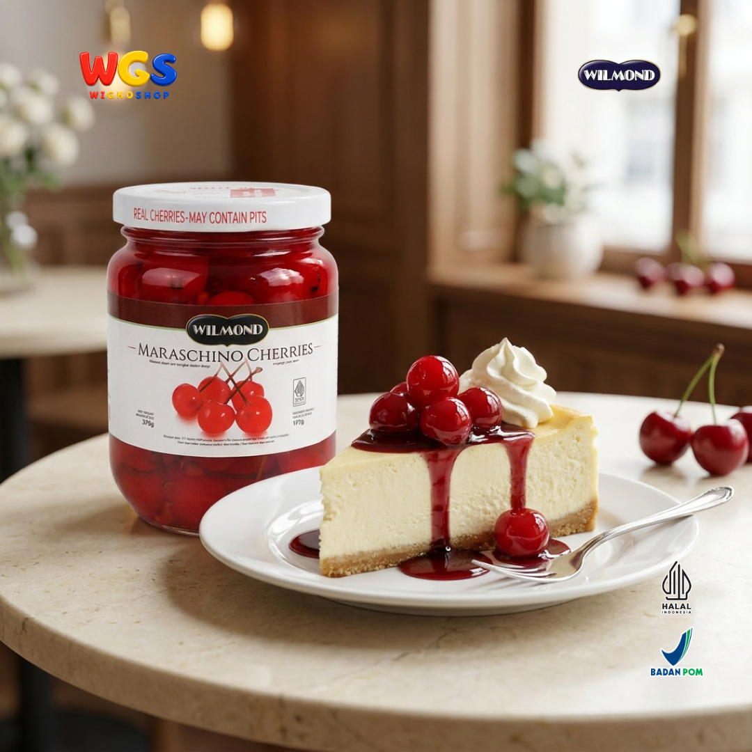 Wilmond Maraschino Cherries with Stem 375g - Manisan Ceri Merah Bertangkai Isi Kurang Lebih 45 Buah Topping Dessert
