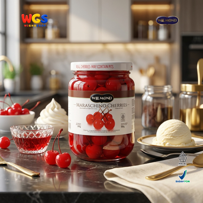 Wilmond Maraschino Cherries with Stem 375g - Manisan Ceri Merah Bertangkai Isi Kurang Lebih 45 Buah Topping Dessert