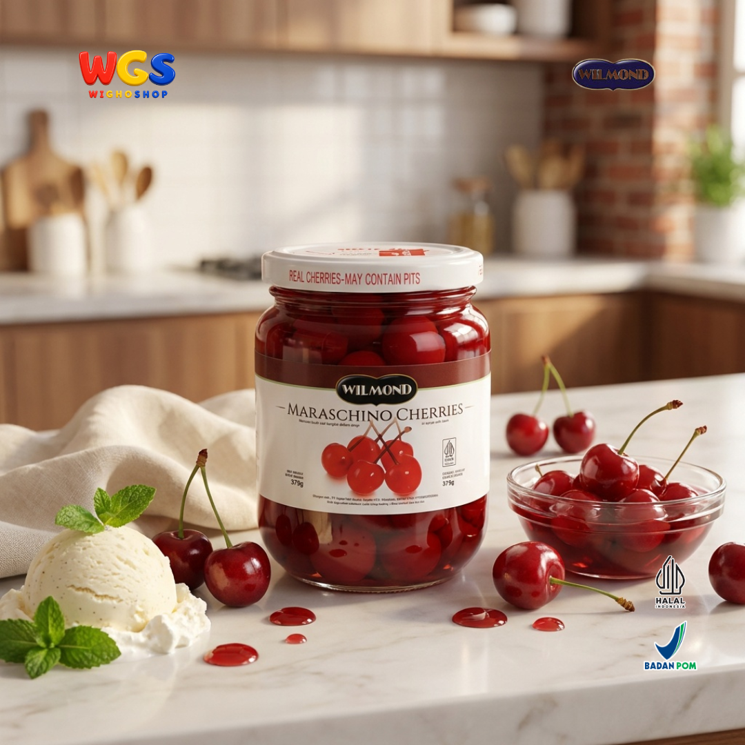 Wilmond Maraschino Cherries with Stem 375g - Manisan Ceri Merah Bertangkai Isi Kurang Lebih 45 Buah Topping Dessert