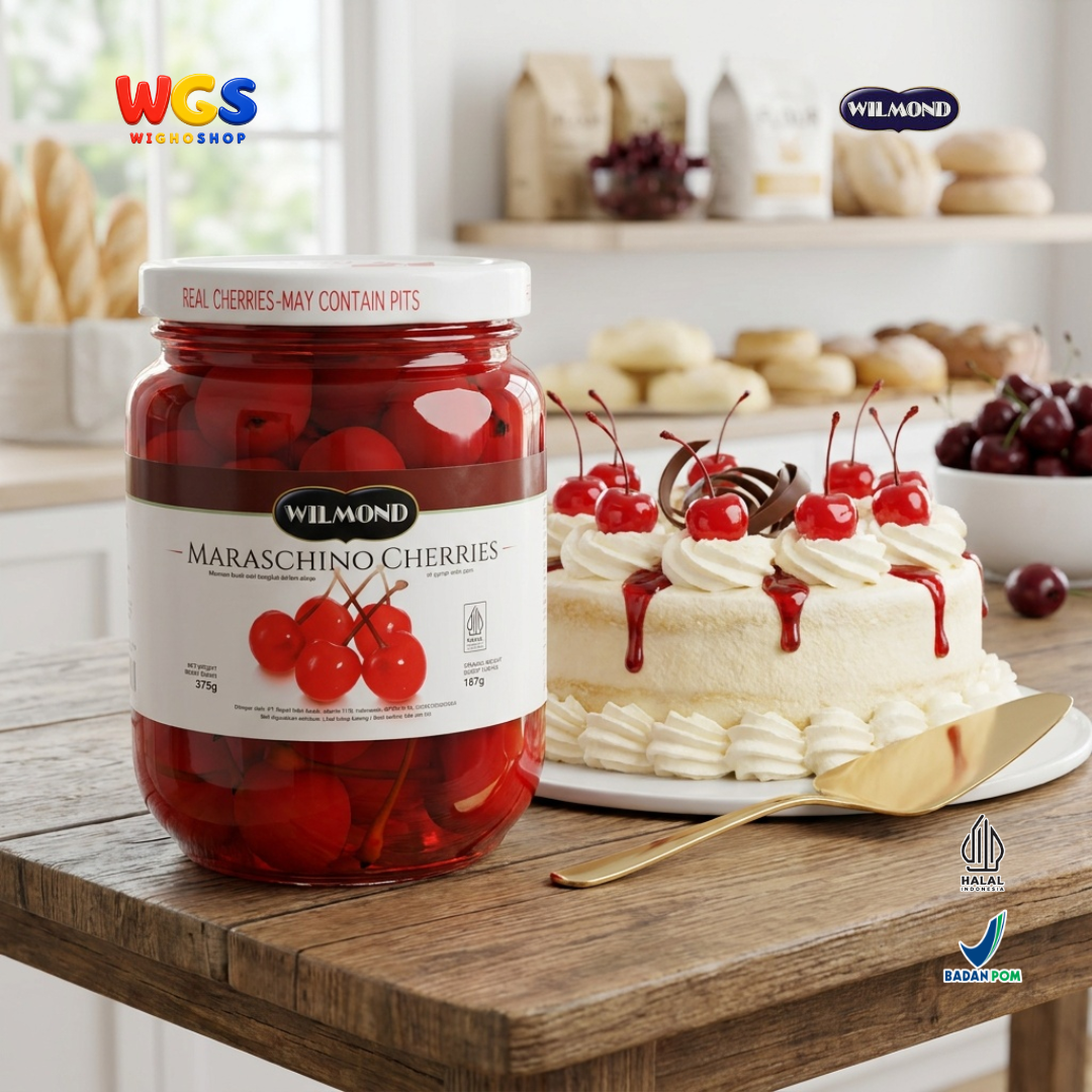 Wilmond Maraschino Cherries with Stem 375g - Manisan Ceri Merah Bertangkai Isi Kurang Lebih 45 Buah Topping Dessert