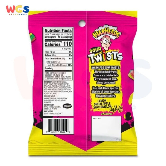 Permen Warheads Sour and Fruity Chewy Candy Twisted Together 4oz 113g