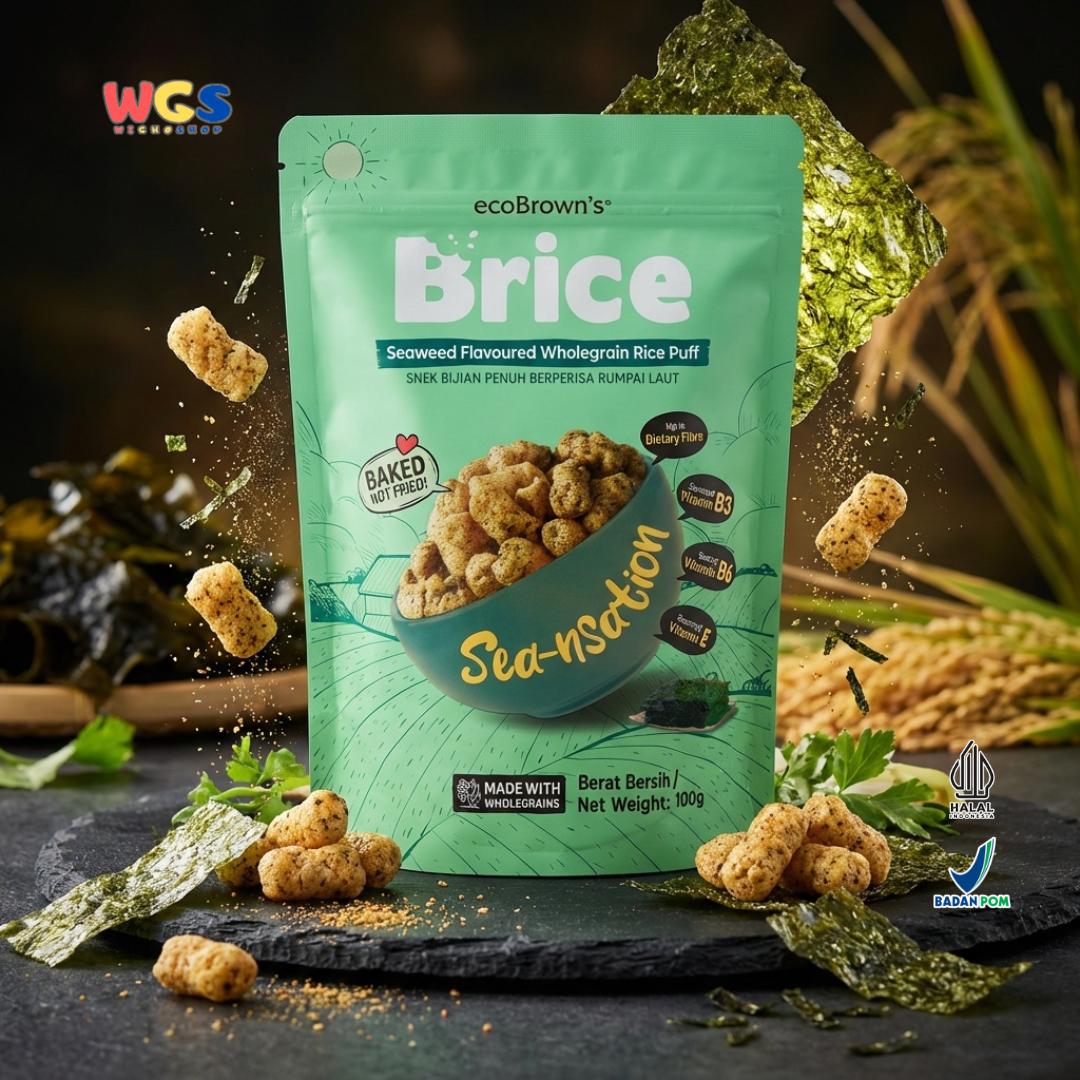 ecoBrown’s Brice Seaweed Flavoured Wholegrain Rice Puff 100g - Snack Beras Utuh Rasa Rumput Laut Baked Not Fried