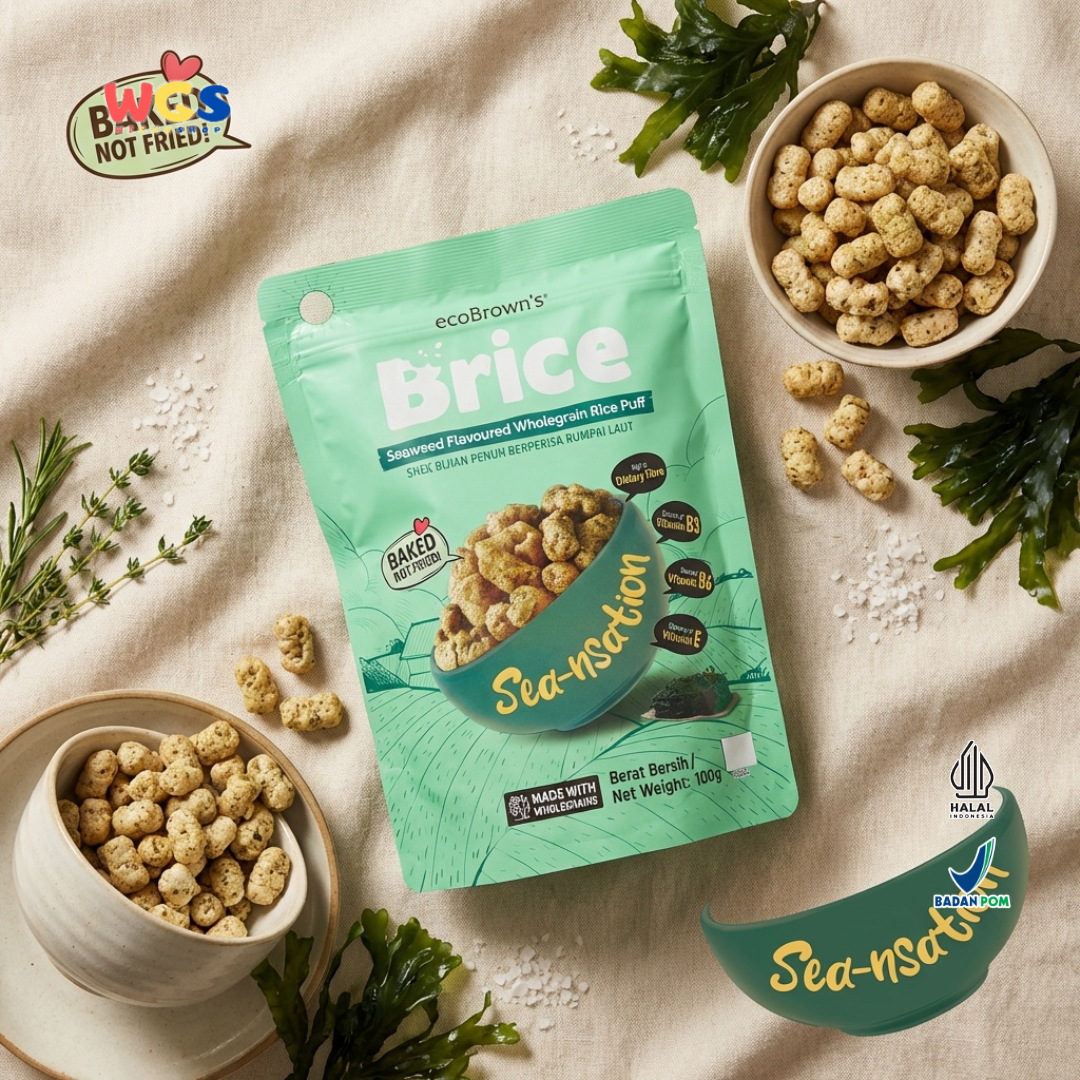 ecoBrown’s Brice Seaweed Flavoured Wholegrain Rice Puff 100g - Snack Beras Utuh Rasa Rumput Laut Baked Not Fried